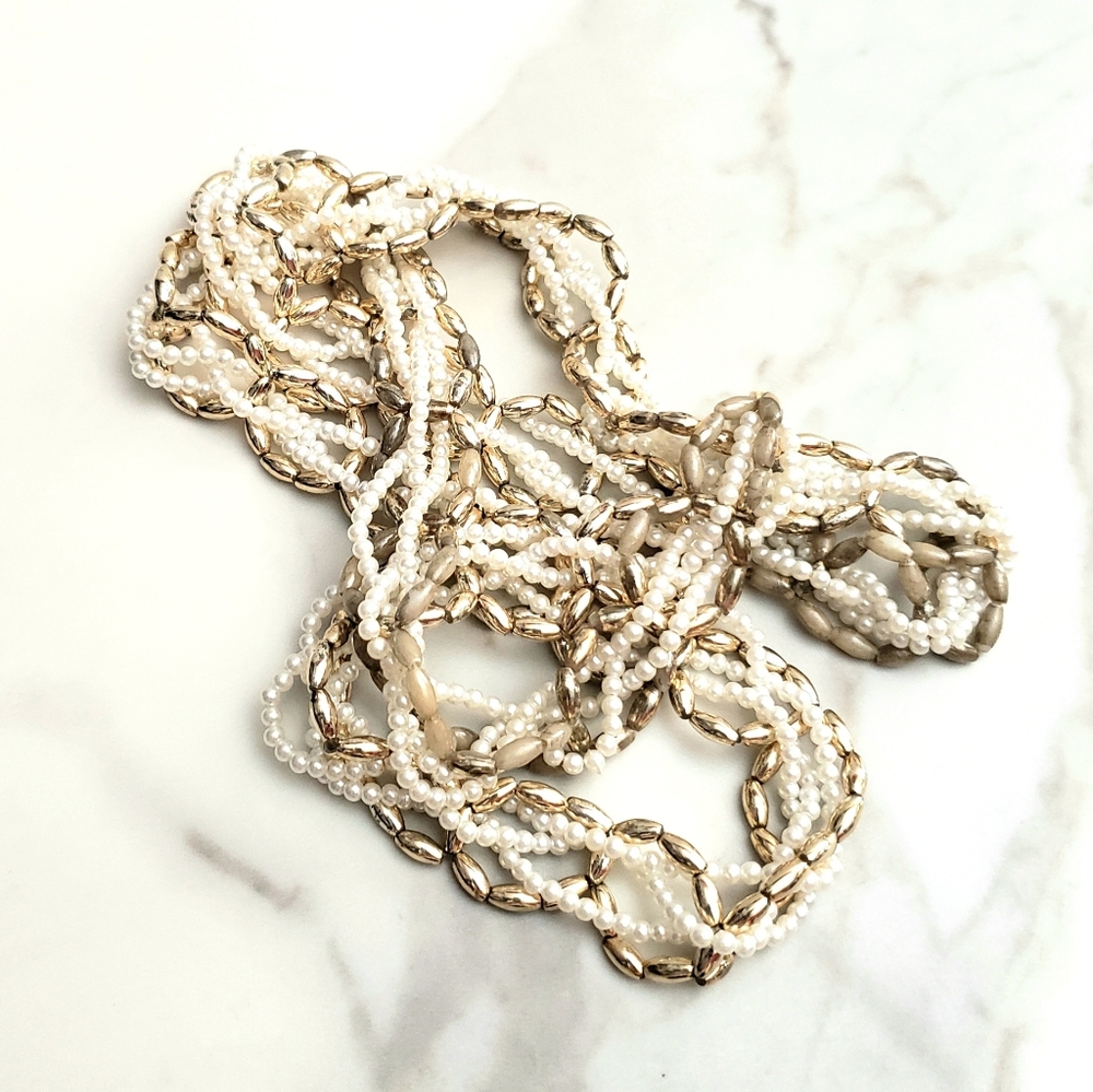 Gold and White Pearl and Mixed Bead Long Necklace 14" - Picture 5 of 8